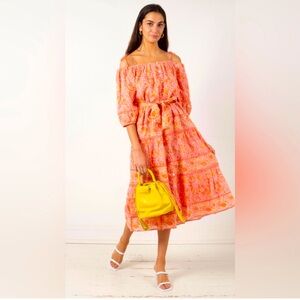 CLEOBELLA Designer Cotton Peach Print Long Boho Cotton Dress! New! Loose. Belt M